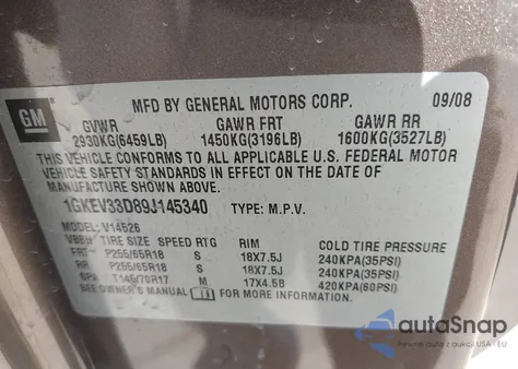 2009 GMC Acadia Slt-2 z USA, uszkodzony, nr VIN 1GKEV33D89J145340